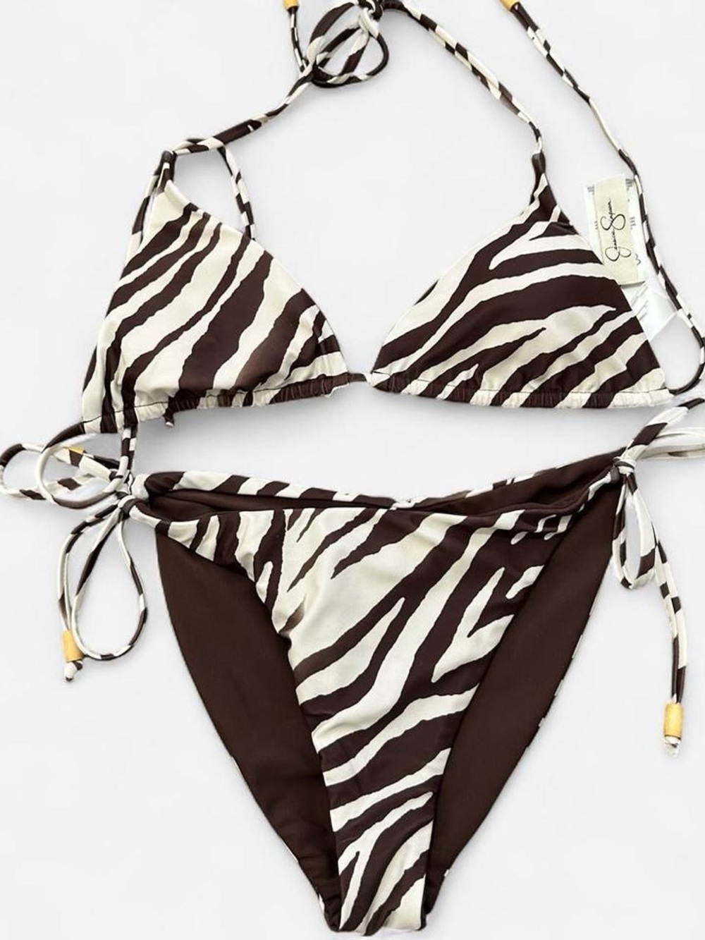 Jessica Simpson Brown and White Zebra-Trim Triangle Bikini